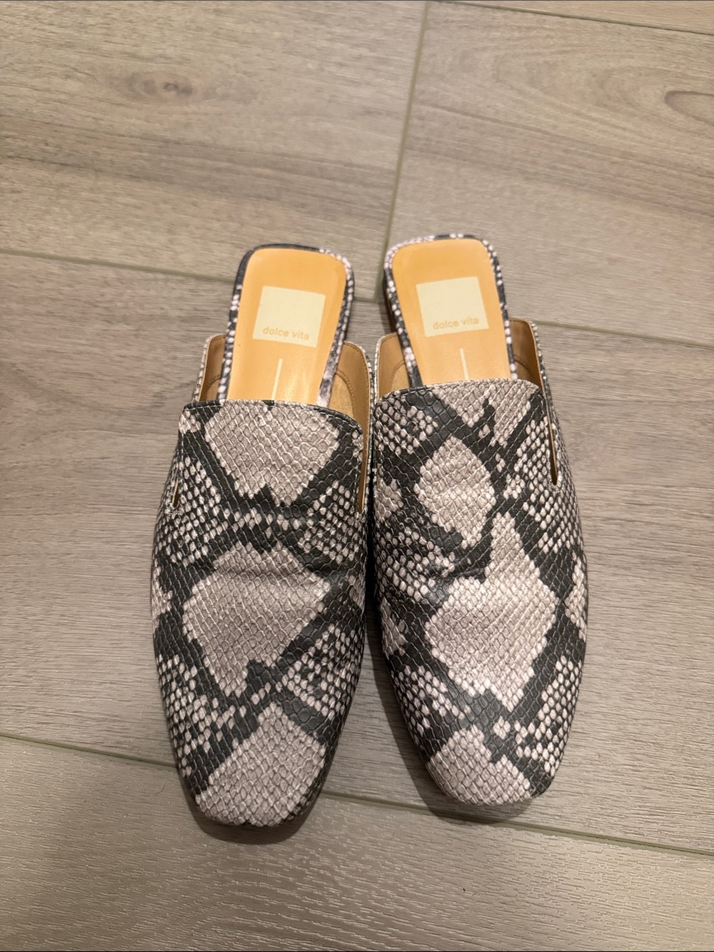 Dolce Vita Snake-Print Slip-On Mules in Black and Gray